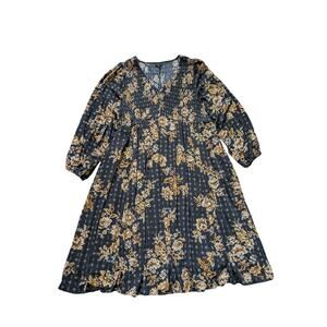 Torrid Gauze Smocked Midi Dress Womens 3X Black Floral Long Sleeve Dark Romantic